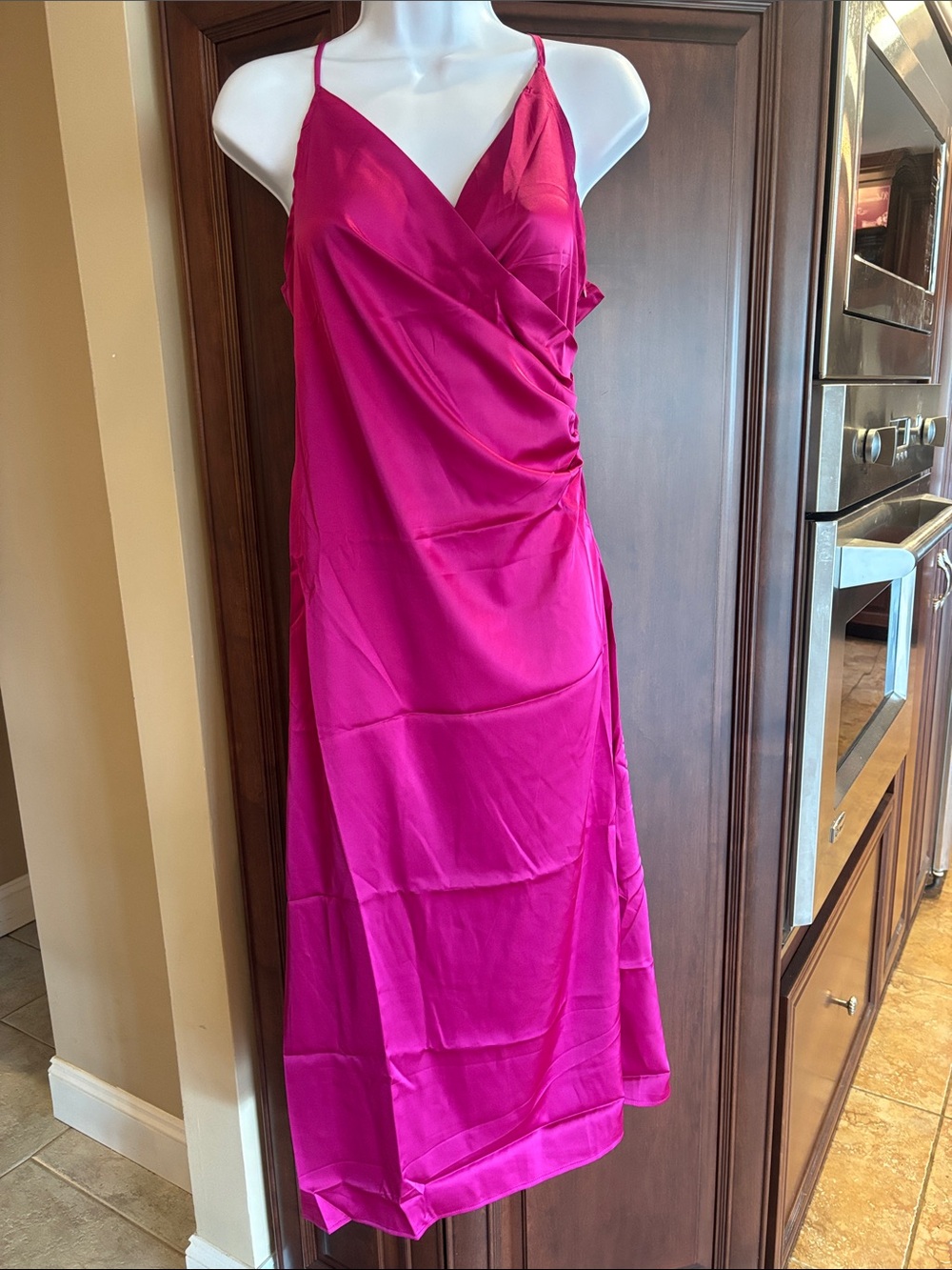 Pure Fuchsia Slip Midi Dress with Draped Surplice Front